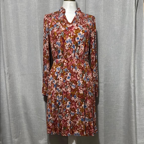 NWT Time & Tru Dress-Sz XS (0-2)-Long Sleeve Floral-Pinks/Blues/Maroon-V Neck - Picture 2 of 15